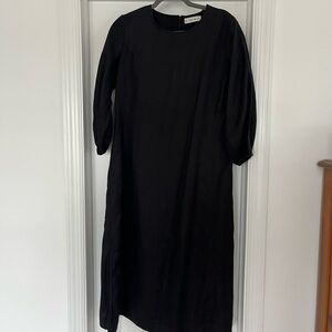 Everlane Black Linen Blend Puff Sleeve Midi Dress with Pockets